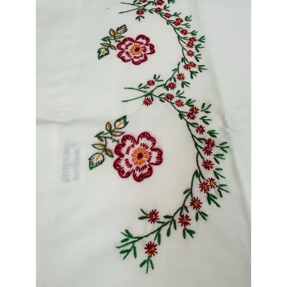 Vintage Cross Stitched Pillowcase White w/ Red Floral 30 x 20